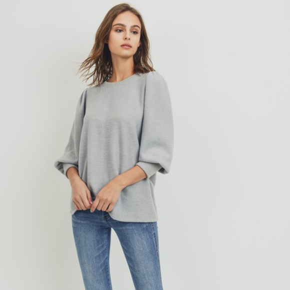 Wool Brush Puff Shoulder Knit Sweater,Heather Gray - Picture 2 of 5